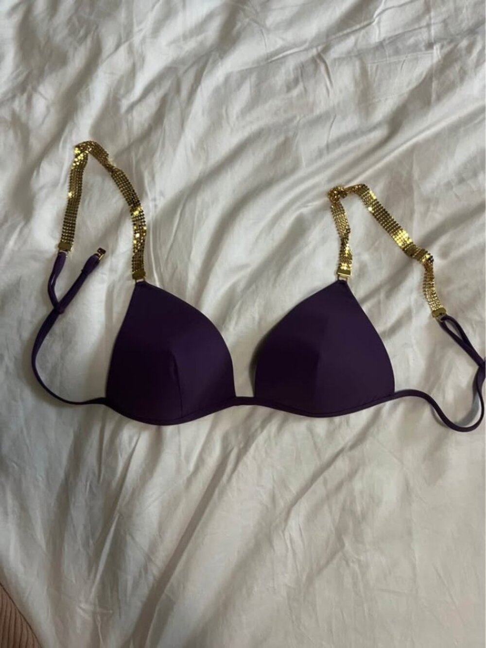 Purple bikini top with sparkly gold mesh straps - XS